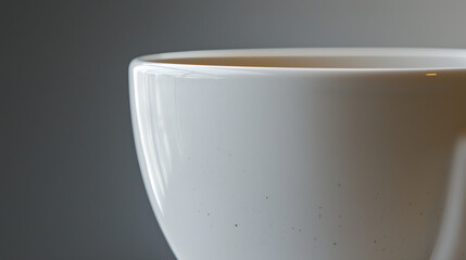 a close-up of a white ceramic coffee cup, the glossy surface reflects light, giving the cup a clean, minimalist feel, tiny scratches and worn edges on the rim and handle indicate long-term use