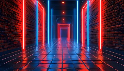 Wall Mural - Futuristic Urban Ambiance with Vibrant Red and Blue Neon Lights on Exposed Brick Wall and Tiled Floor