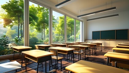 Wall Mural - Serene Modern Classroom Design Embracing Sunlight and Greenery, Featuring Comfortable Desks and Blackboard for an Inviting Educational Atmosphere