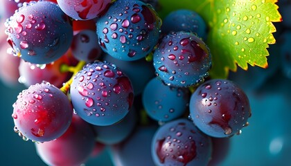 Wall Mural - Vibrant Close-Up of Fresh Juicy Red Grapes with Water Drops Against a Blue Background for a Refreshing Summer Snack