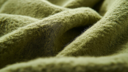 Wall Mural - a meticulously styled close-up of a moss green fleece fabric, emphasizing its luxurious softness and fluffy texture, the carefully arranged fibers create an elegant, inviting atmosphere