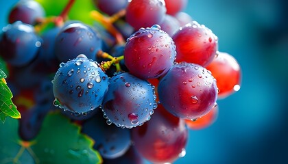 Wall Mural - Vibrant Close-Up of Fresh Juicy Red Grapes with Water Drops Against a Blue Background for a Refreshing Summer Snack