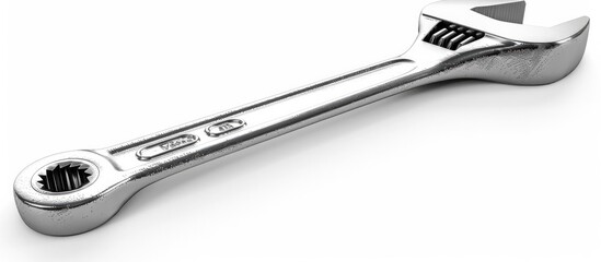 Closeup of an adjustable chrome metallic wrench tool for industrial automotive plumbing and home repair and maintenance work  The versatile tool can be used to tighten loosen and adjust various nuts