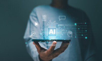 Poster - Businessman use application on smartphone and use AI to assist something for development business. Artificial intelligence or AI technology for business concept. Futuristic digital technology.