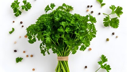 Wall Mural - Vibrant Fresh Organic Parsley Bunch on Crisp White Background Ideal for Gourmet Culinary Creations and Wholesome Recipes