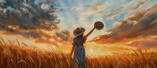 illustration A woman in a dress standing in a wheat field at sunset