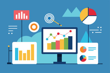 Poster - A vibrant analytics dashboard displays various graphs and charts for data analysis and insights generation, Customizable business analytics with disproportionate illustration.
