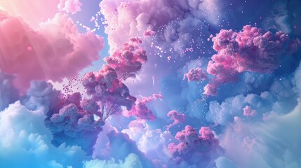 Pink and blue cloud trees with digital data flowing through them, floating in the sky, 