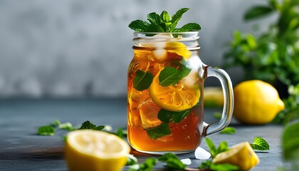 Wall Mural - Refreshing iced tea in a glass mason jar, garnished with lemon slice and mint, surrounded by vibrant lemons and lush greenery, embodying the spirit of summer.