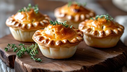 Wall Mural - Delicious mini pies with flaky crust and golden tops, garnished with fresh thyme, showcased on a rustic wooden board for a cozy gathering