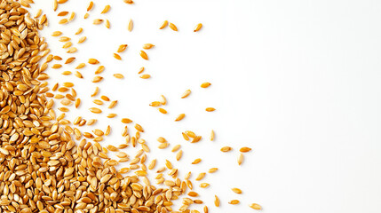 golden flaxseeds: a loose frame made from golden flaxseeds, scattered sparsely across a white background, the warm golden tones of the seeds create a natural, wholesome look