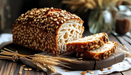 Wholesome bread loaf surrounded by wheat ears, embodying harvest, tradition, and the essence of nourishing baking.