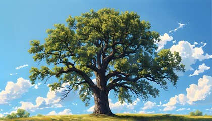 Wall Mural - Majestic oak tree reaching towards a serene blue sky with fluffy white clouds drifting gracefully above