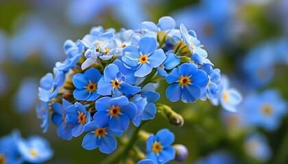 Intimate close-up of blooming blue forget-me-not flowers, embodying love, remembrance, hope, purity, and delicacy