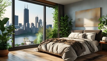 Wall Mural - Modern bedroom oasis with city skyline views, abundant greenery, and natural light illuminating a cozy space