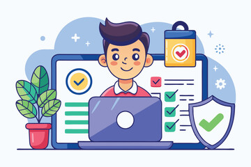 Poster - A user interacts with a laptop, focusing on online authentication while ensuring security measures, Customizable cartoon illustration for authentication.