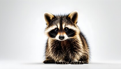 Wall Mural - Playful baby raccoon gazing curiously at the camera against a white backdrop, capturing the essence of cuteness and wildlife charm