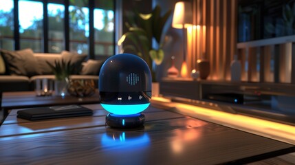 Poster - Smart home security system with blue holographic icons floating above in the center.
