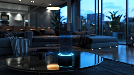 Smart home security system with blue holographic icons floating above in the center.