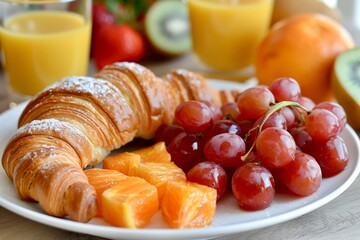 continental breakfast with a croissant, grapes, orange slices, and orange juice. croissant on the le