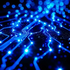 Poster - Futuristic blue glowing electric circuit board pattern on a dark background symbolizing advanced technology and innovation. Detailed 3D rendering with vibrant colors.