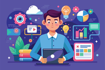 Poster - a person engages with a laptop, surrounded by colorful graphics representing digital technology and 