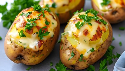 Wall Mural - Melted cheese and fresh parsley atop a freshly baked potato, split open and inviting, perfect for a light meal or satisfying side dish