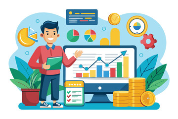 Poster - A character presents investment strategies on a digital screen while analyzing growth charts and reports, Customizable cartoon illustration for investment data.