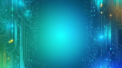 Abstract blue and green background with digital circuit board design and glowing lines.