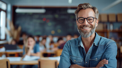 candid school class portrait of a male teacher in a classroom