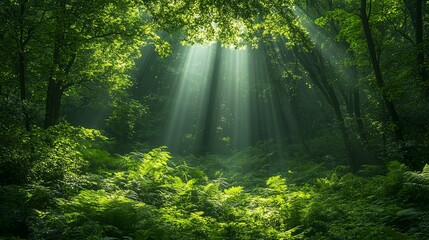 Wall Mural - Sunbeams Filtering Through Dense Green Forest Canopy