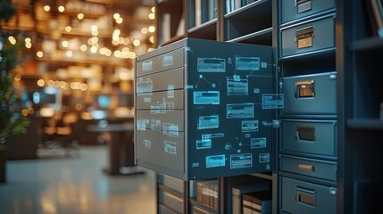 a file cabinet drawer with holographic digital code glowing inside