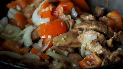 Sticker - Frying chopped pork  with cashew nuts in pan , in door  Chiangmai  Thailand.