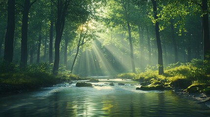 Wall Mural - Sunlight Filtering Through Trees Over a Stream in a Forest