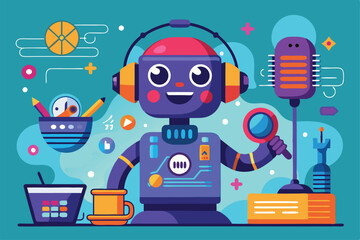 Poster - A colorful cartoon robot with headphones holds a magnifying glass and is surrounded by various tech items, Customizable cartoon illustration for voice assistant.