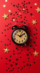 Festive black alarm clock showing five minutes to midnight, surrounded by golden stars and black confetti on vibrant red background, New Year's Eve concept.