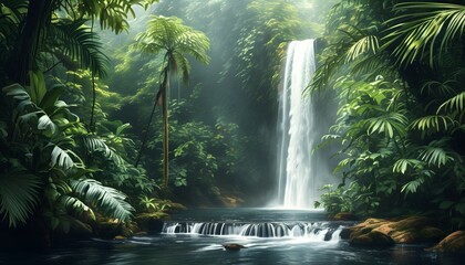 Tropical Rainforest Waterfall Creating a Serene Backdrop for Product Showcase and Beauty Display