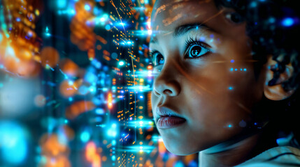 Portrait child with digital code overlay, AI learning, data and technology future, digital tech education, cybersecurity and digital marketing