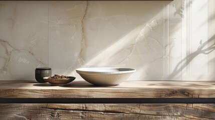 Minimalist wooden table setting with ceramic bowls and plates in natural lighting showcasing a simple clean and elegant dining or kitchen scene with copy space