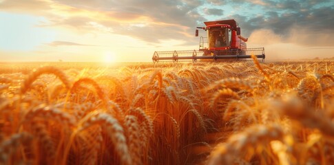 Field of plenty - harvesting wheat with tractors, illustrating dedication of farmers, golden spikes of wheat, crucial role of modern machinery in sustaining agricultural productivity.