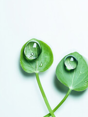 Sticker - Two drops of water on a leaf, one of which is reflecting the other