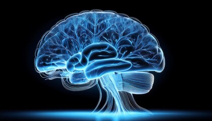 Poster - A glowing blue human brain with intricate detail on a black background.