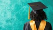 © Shisanupong - A graduate wearing a black cap and gown with a yellow sash stands with their back to the camera against a teal textured background..