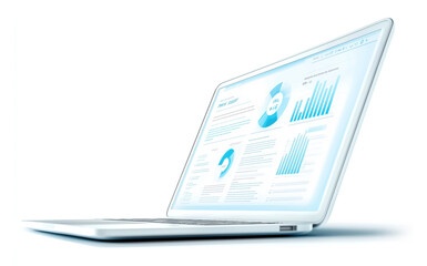 Poster - A modern laptop shows colorful data visualizations on a desk in a bright workspace