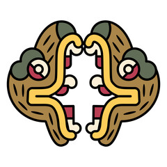 Wall Mural - Symmetrical ethnic design with two heads of fantastic animal with open jaw. Ethnic design of Aztec Indians from Mexican codex. Isolated vector illustration.