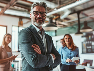 Confident businessman presenting new business model in modern office