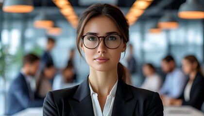 Confident businesswoman leading her team in a modern office, embodying professionalism and collaboration for success