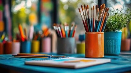 Creative hobbies at home with art supplies and a sketchbook on a desk, colorful environment, close-up, sharp focus