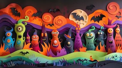 Colorful and whimsical Halloween landscape featuring a variety of quirky and playful cartoon monster characters pumpkins bats and other spooky elements