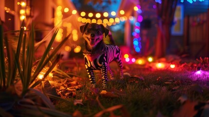 Small dog in a skeleton costume under vibrant Halloween lights, bringing a whimsical and eerie touch to the holiday decor. Halloween, spooky, haunted concept.